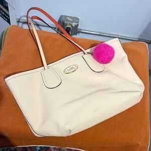 Coach Peach/Cream Tote with Pink Pom Pom